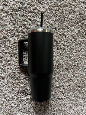 Black Insulated Travel Mug with Handle and Straw - Stainless Lid